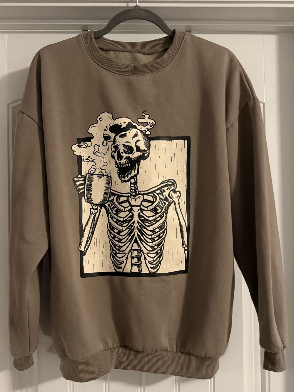 Women’s Taupe Graphic Crewneck Sweatshirt - Skeleton Coffee Design